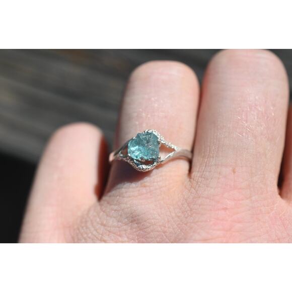 Raw Aquamarine Engagement Ring Sterling Silver - Picture 2 of 5